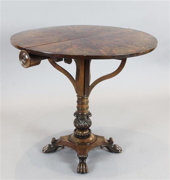 A 19th century Belgian flame mahogany drop leaf occasional table, W.2ft 10in. H.2ft 5in.